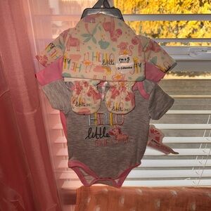 Hello Little One Pink and Gray Baby Onesie 5 piece Set